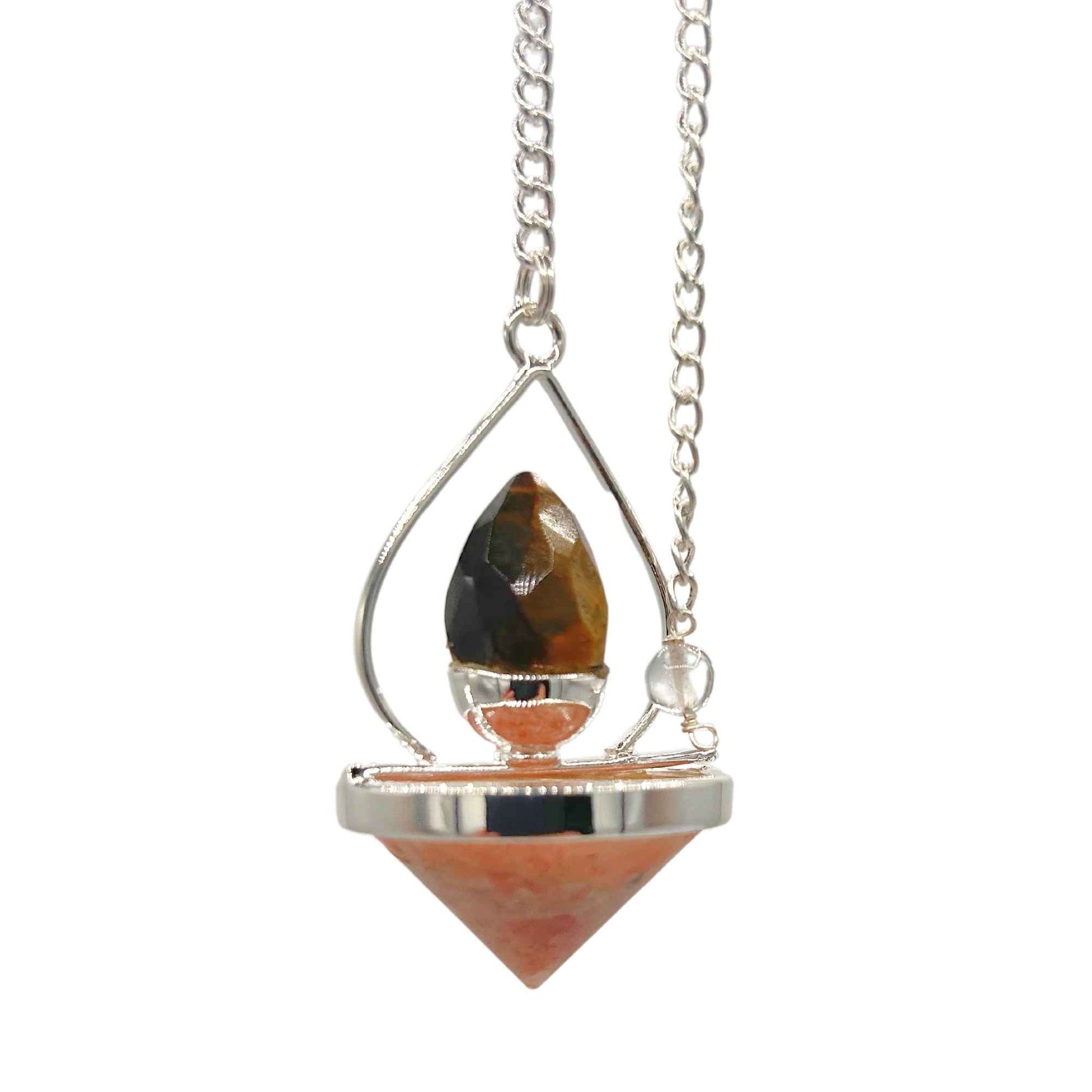 Pendule forme de cloche en pierre de soleil et oeil de tigre avec chaine en argent