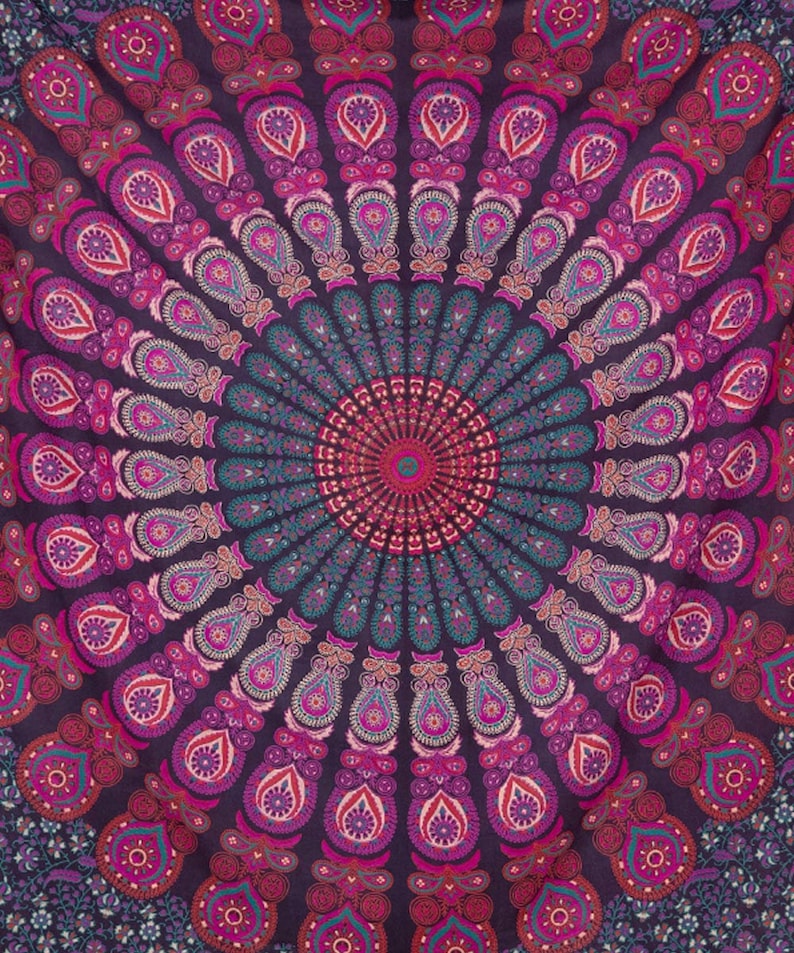 Tenture murale à suspendre mandala bordeaux plume de paon artisanale - décoration hippie, bohème, indienne - déco artisanale