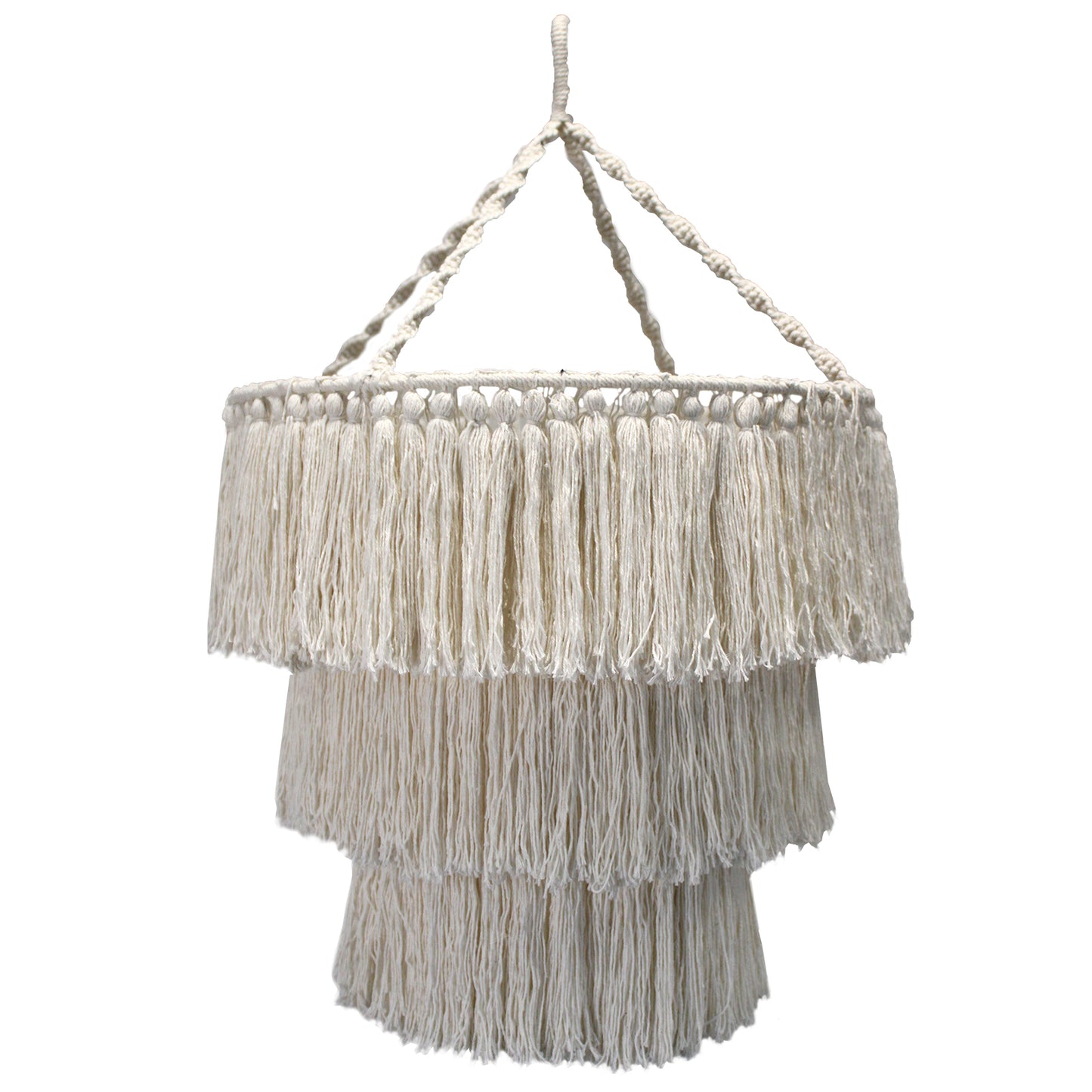 lustre blanc en macramé fait à la main en indonésie. Décoration bohème pour la chambre.