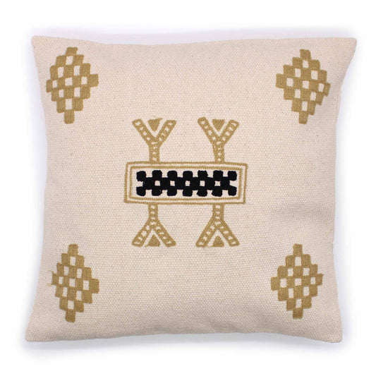 Housse de coussin indien crème avec des motifs berbères dorés en coton naturel 45x45 cm