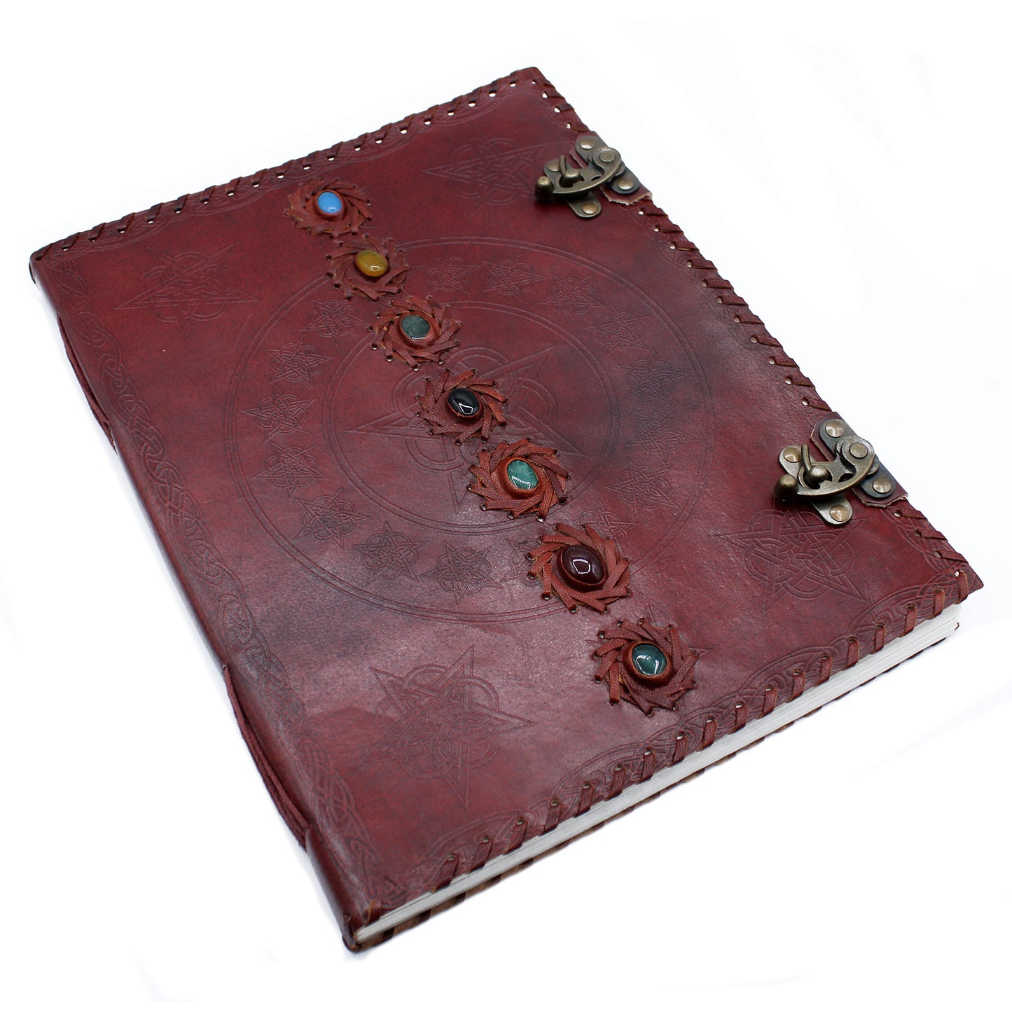 Très grand carnet de cuir marron 7 chakras -  Grimoire mystique, ésotérique, mystérieux- livre de sorts - Cadeau journal spirituel