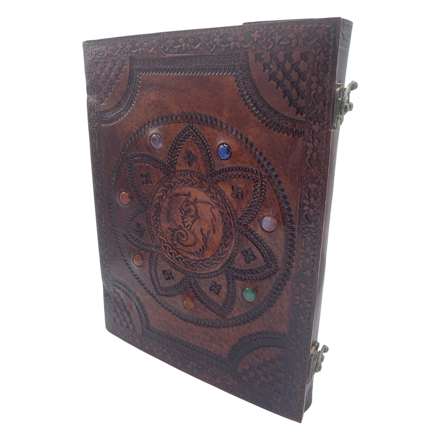 Grand carnet de cuir marron 7 chakras mandala et dragon avec fermoir - Grimoire de sort, ésotérique, sorcier, sorcier, mystique, mystérieux - Livre de note, pensées, poème, magie - Beau cadeau ésotérique