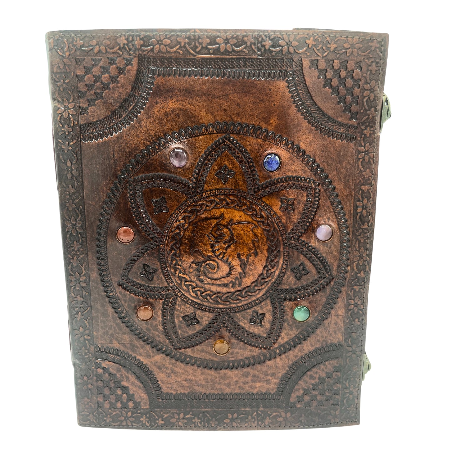 Grand carnet de cuir marron 7 chakras mandala et dragon avec fermoir - Grimoire de sort, ésotérique, sorcier, sorcier, mystique, mystérieux - Livre de note, pensées, poème, magie - Beau cadeau ésotérique