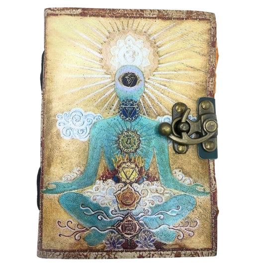 Carnet en cuir aspect ancien bouddha méditation 7 chakras avec fermoir  | Journal de notes, médiation, pensées, poèsie, magie...  | Beau cadeau spirituel