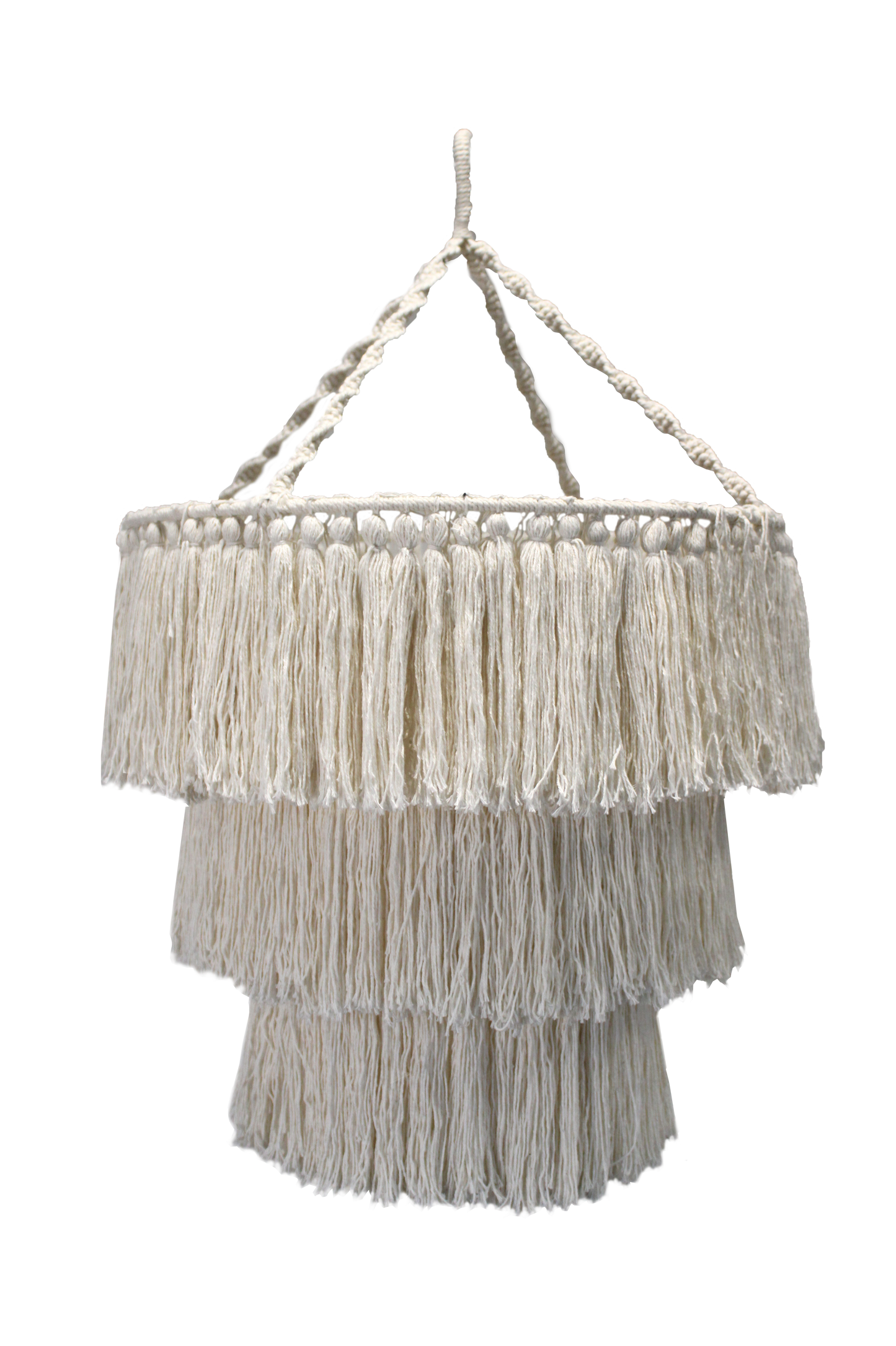 Abat-jour artisanal d'indonésie en macramé blanc avec des franges - Décoration bohème, boho chic, hippie pour la chambre ou le salon