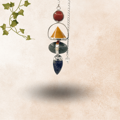 Pendule en pierres précieuses aspe rouge, aventurine jaune, agate mousse, sodalite et pierre de lune avec chaine en argent